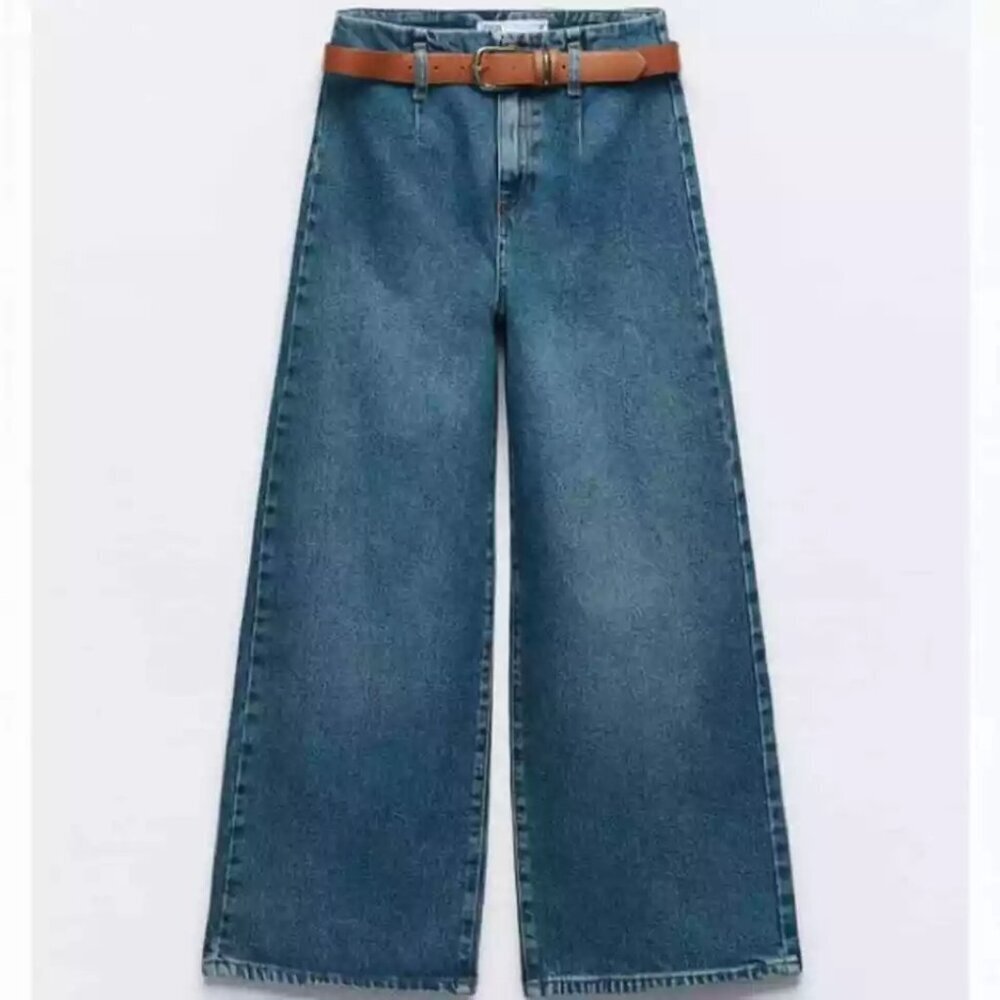 ZARA BELTED HIGH RISE CROPPED WIDE LEG JEANS